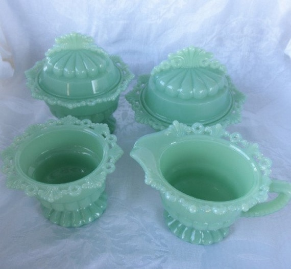 Jadite or Seafoam Green Westmoreland Rare Scalloped Covered Candy Dish Set with creamer and sugar