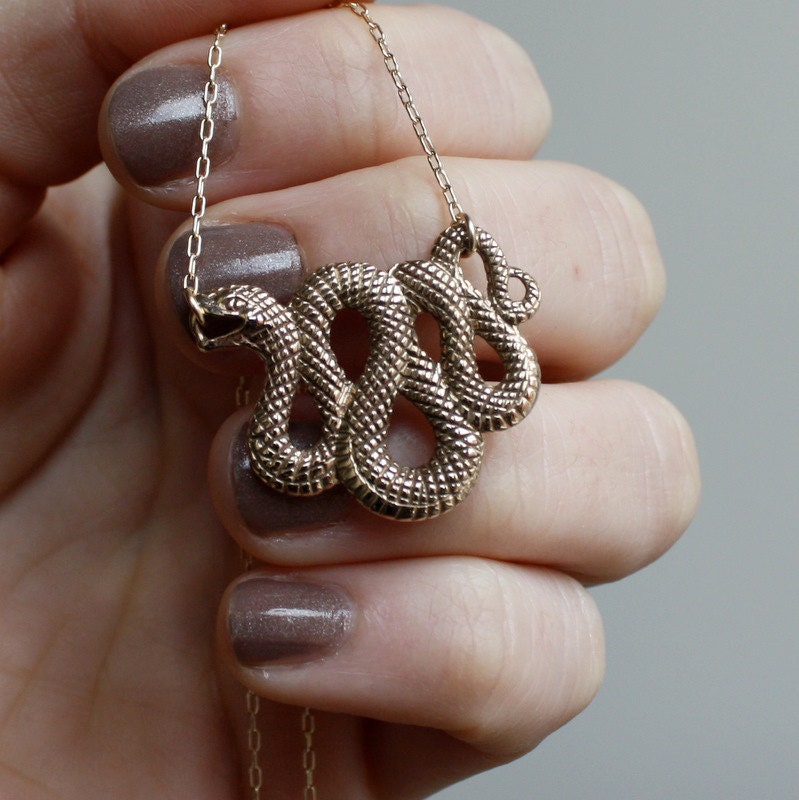 Snake Necklace - Gold Snake Pendant . Snake Charm .Talisman . Neverending Story Necklace . The Year of the Snake