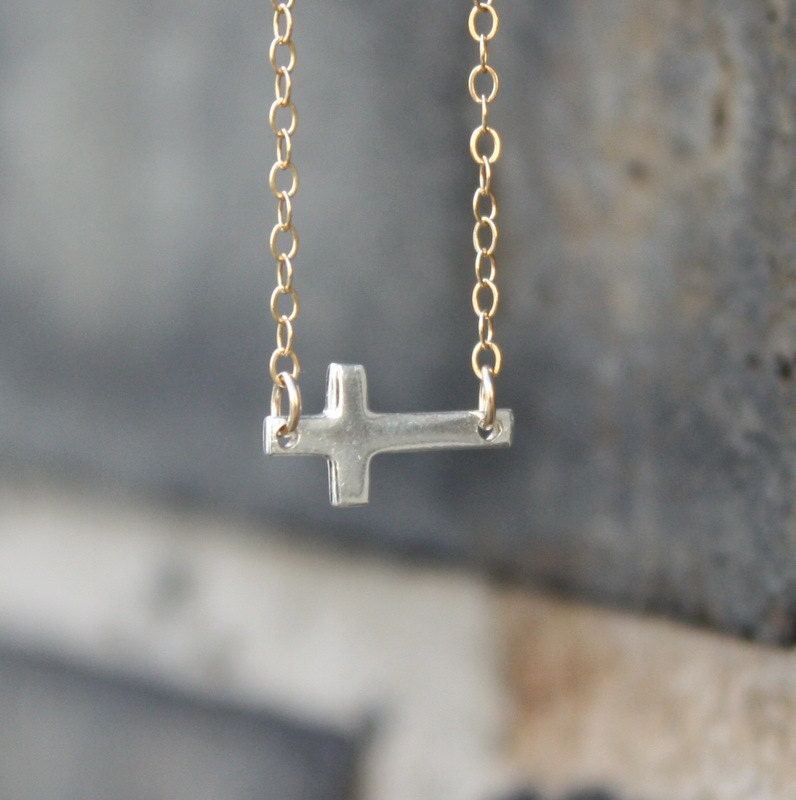 Two Tone Sideways Cross Necklace - Sterling Silver Cross Pendant . Choker . Womens Jewelry