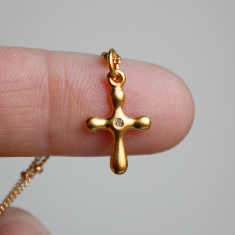 CLEARANCE: Gold Cross Necklace - 24K Gold-Dipped Cross Necklace . Genuine 1pt Diamond . Confirmation . Spiritual . Gift for Mom