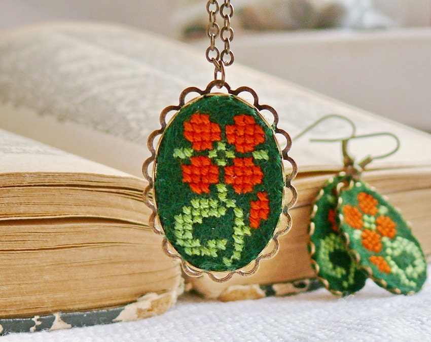 Cross stitch jewelry set - necklace and earrings with orange flower in bronze