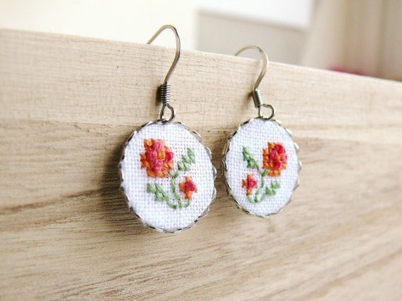 Embroidered floral earrings with surgical steel ear wires