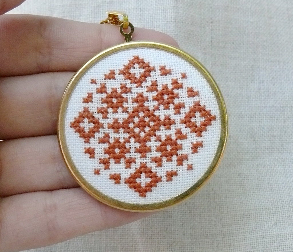 Custom color Hand embroidered necklace geometrical ornament on white - personilized made to order