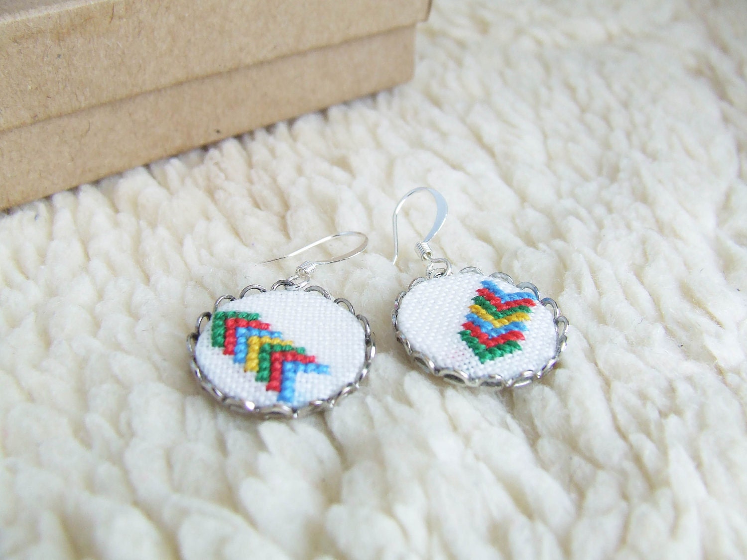 Hand embroidered earrings Geometrical arrows with surgical steel ear wires