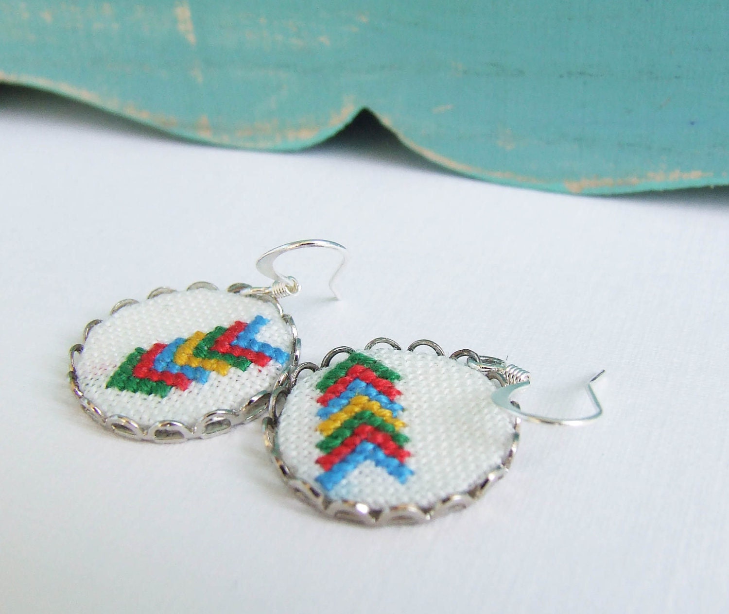 Hand embroidered earrings Geometrical arrows with surgical steel ear wires