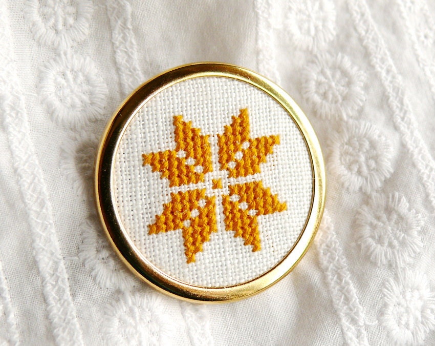 Hand embroidered brooch ethnic golden flower on white - fall fashion