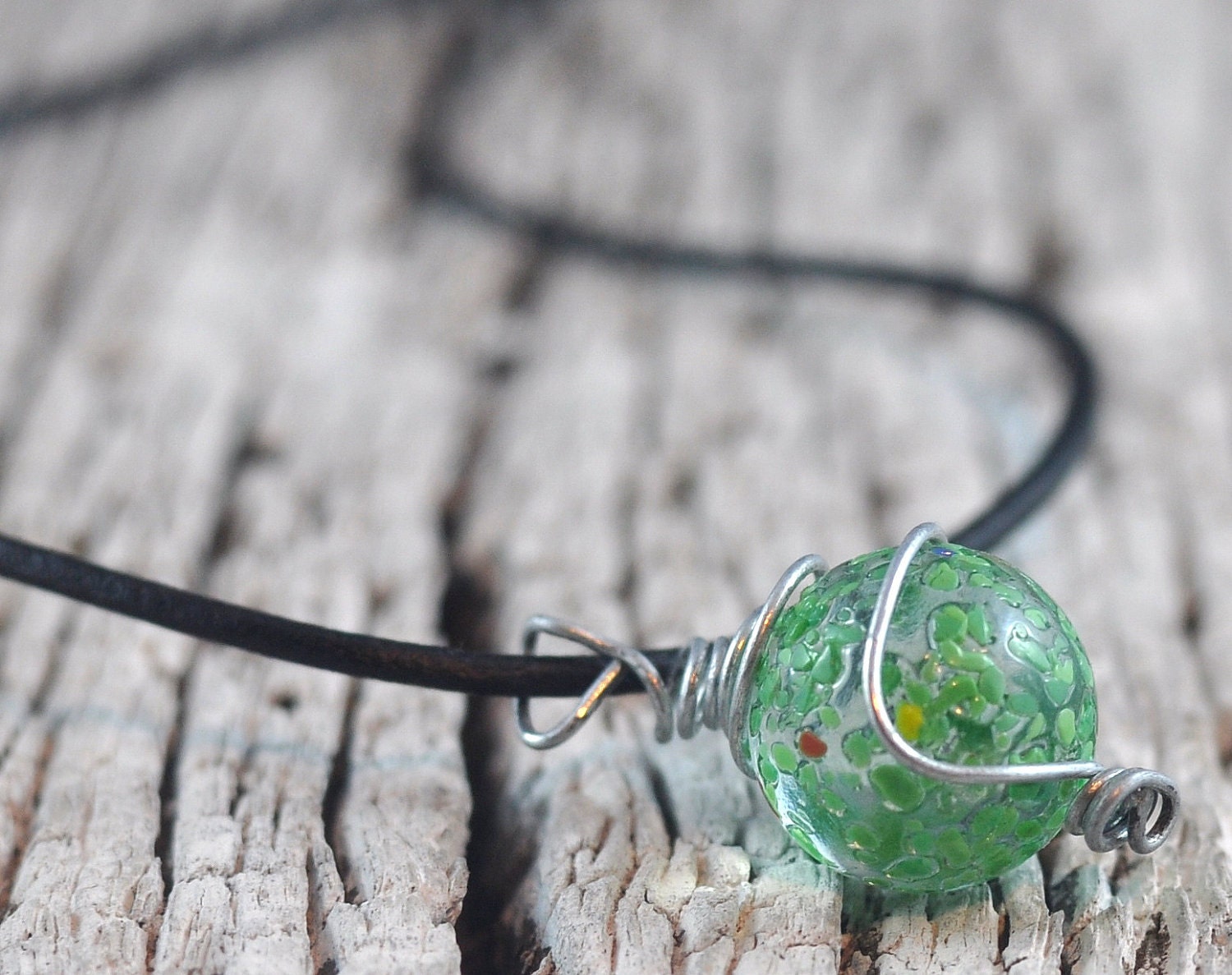 Green Marble Necklace  Wire Wrapped in Handmade Cage on Leather Thong in Handmade Felt Pouch. - DeeDeeDeesigns
