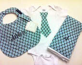 Boy Gift Set - Monogrammed Bib, Monogrammed Burp cloth & Tie Onesie - Amy Butler Lotus - Etsykids Team - Monogrammed Baby Gift