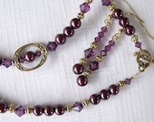 Amethyst Bead Necklace and Earrings - Swarovski Crystals and Pearls with Antique Gold