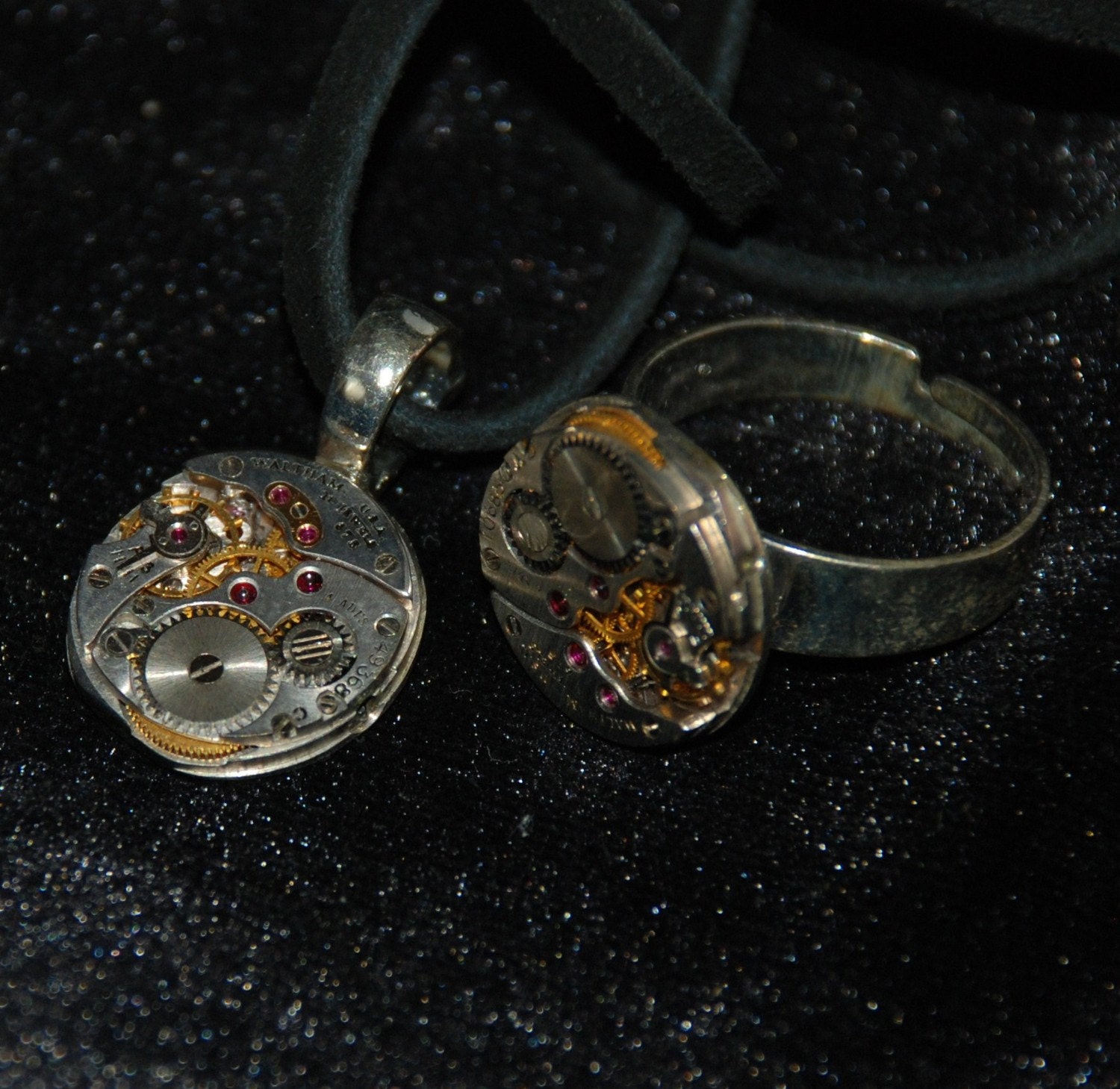 Gorgeous Waltham Watch Movement Matching Ring and Necklace Set