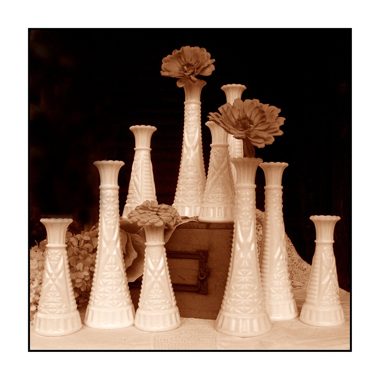 Vintage Milk  Glass Vase Collection  - Party of Ten