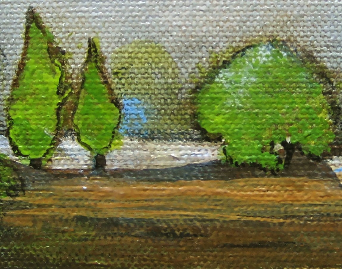 Trees on the Horizon Painting.12x9 Original Art Acrylic Green Blue Brown red tile studio