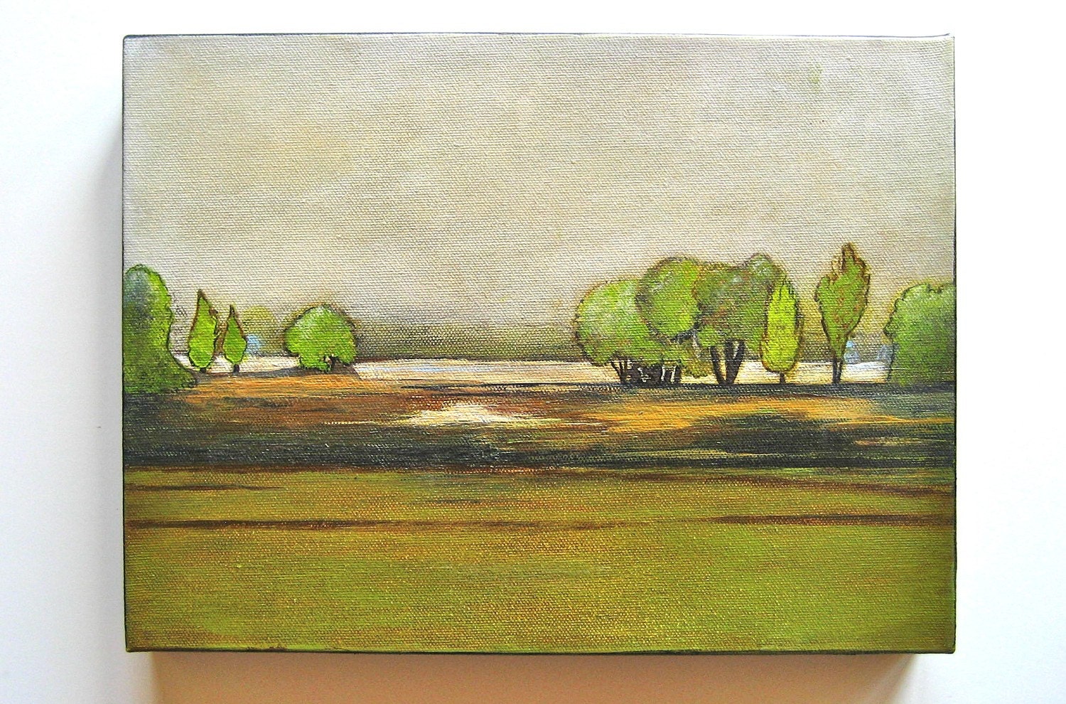 Trees on the Horizon Painting.12x9 Original Art Acrylic Green Blue Brown red tile studio