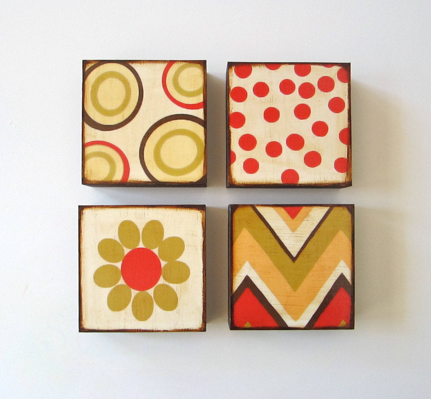 Red and Cream Dots Circles 5x5 art block on wood block geometric pattern polka modern red tile studio