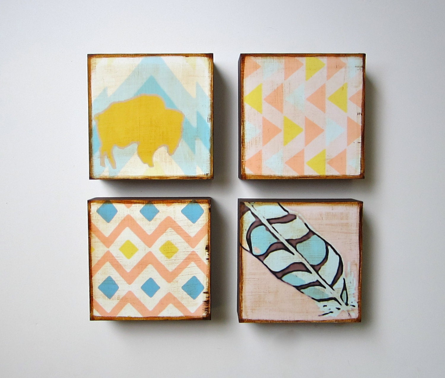 Wall Decor art block Set l Southwestern Geometric (4) 5x5 wood block modern home decor  geometric pattern pastel redtilestudio