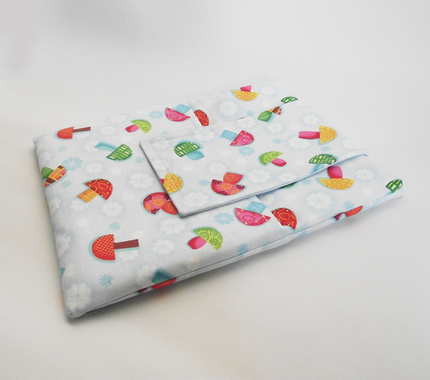 SALE Ipad case. Mushrooms and flowers. Pale blue
