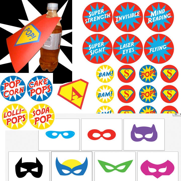 Superhero Super Heroes Birthday Printable Party Package Decor, Invitation, Masks, Soda Capes, Circles, Signage, MORE, DIY Digital Files