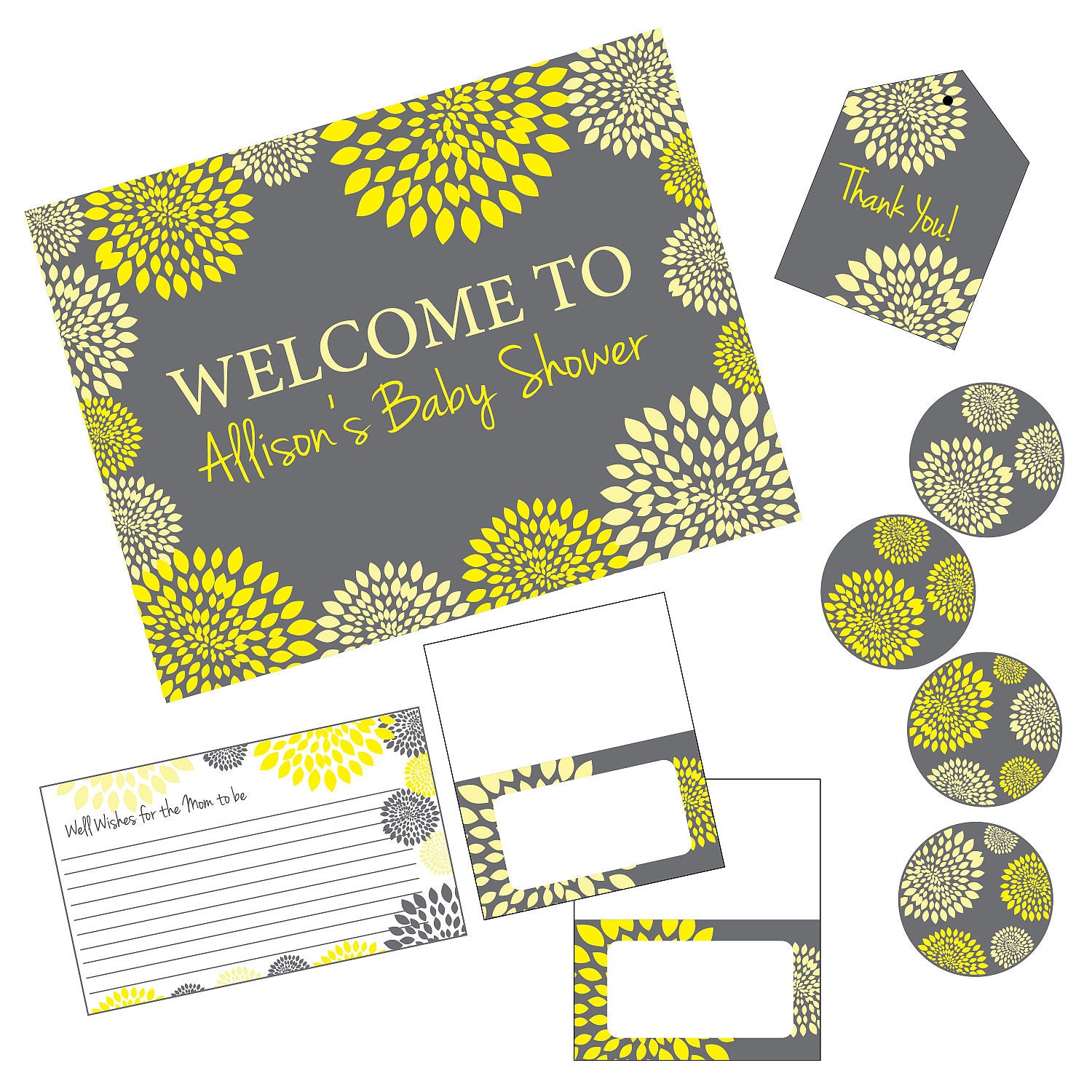 Bridal Baby Shower Party Package, Yellow Charcoal Grey Floral, Modern, DIY Digital Files