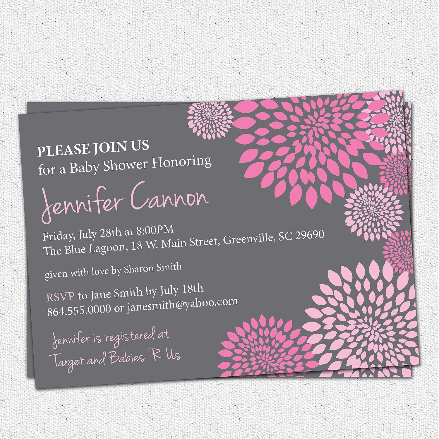 Baby Shower Invitation Printable Girl Hot and Pale Pink and Charcoal Grey Gray Floral Modern, DIY Digital File
