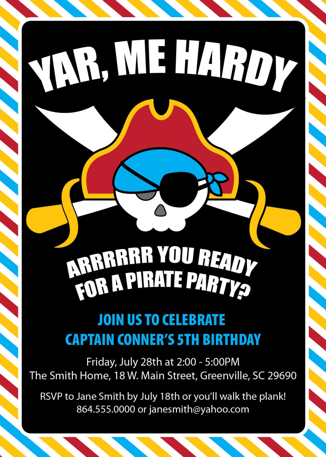 Pirate Invitation, Birthday Party Invite, Skull, Yar, Arrrr, Sword, Eye Patch, Modern, Printable, Boy or Girl Pink, DIY Digital File