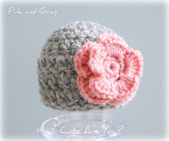 Baby Girl Hat Crochet Chunky Gray and Pink Available in Newborn to 12 Months Photo Prop Choose Colors and Size
