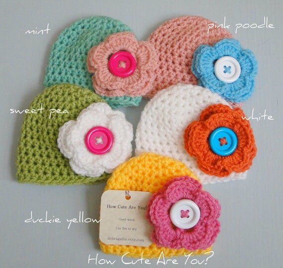 Baby Girl Hat Crochet -Flower and Button -Photo Prop - Design Your Own Hat -Newborn to Toddler
