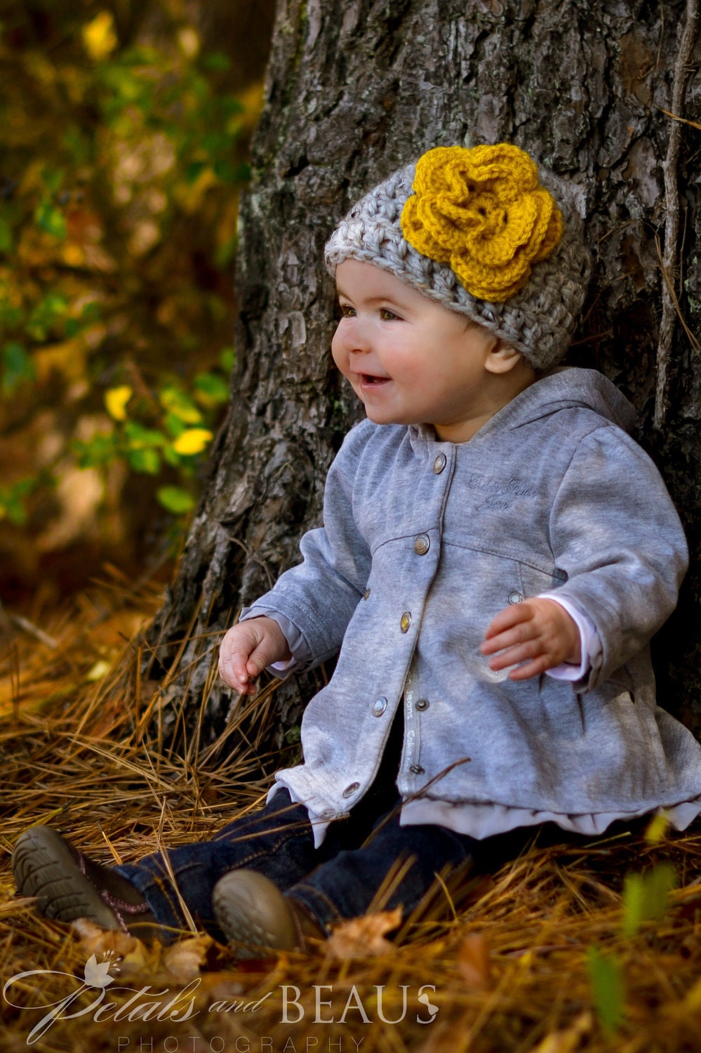 Baby Girl Hat Crochet Chunky Newborn Gray with Yellow Gold Large Flower Custom Made to Order