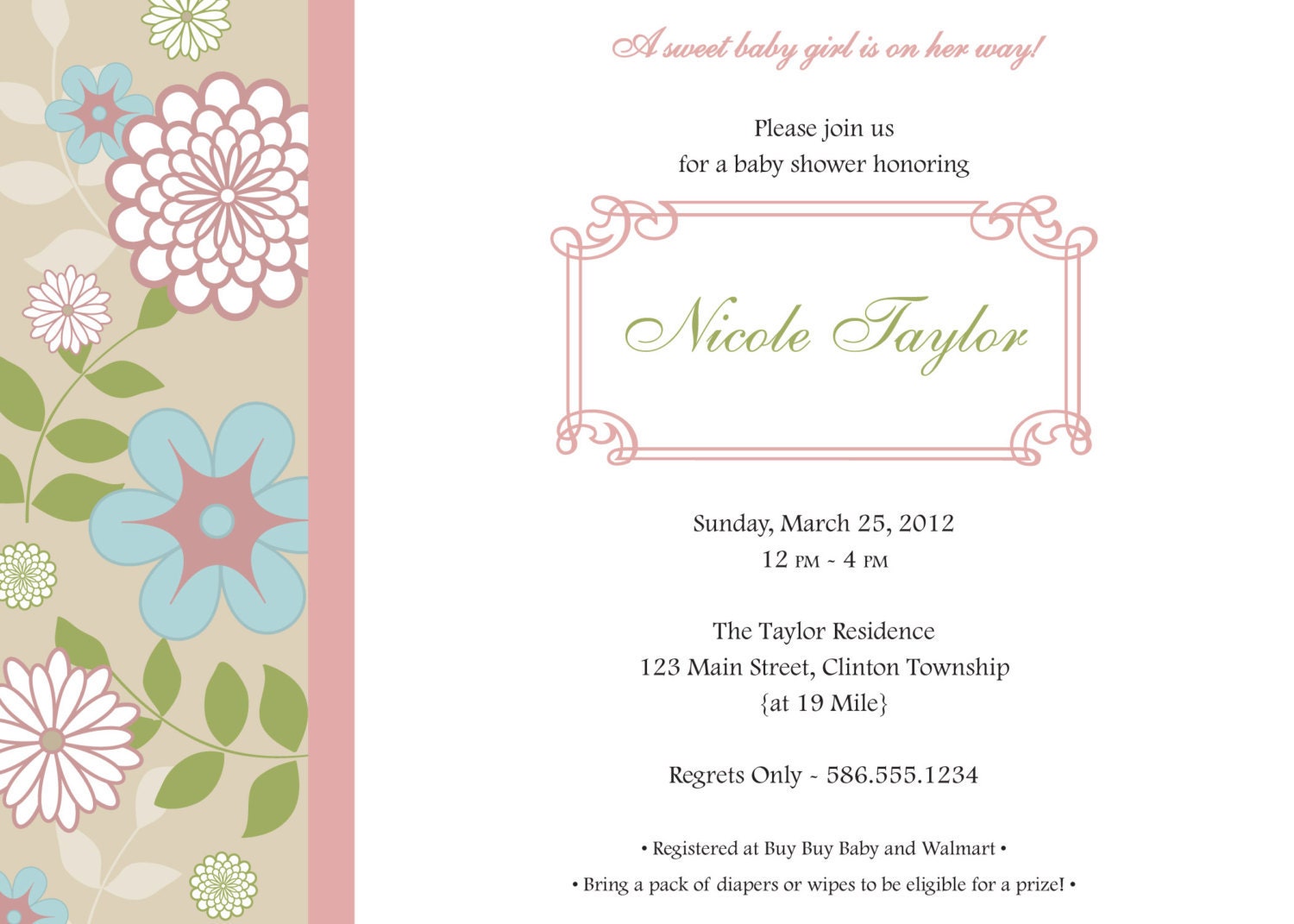 Do It Yourself - Baby or Bridal/Wedding Shower Invitation - Floral - 5" x 7" - Digital Printable File- Print Your Own