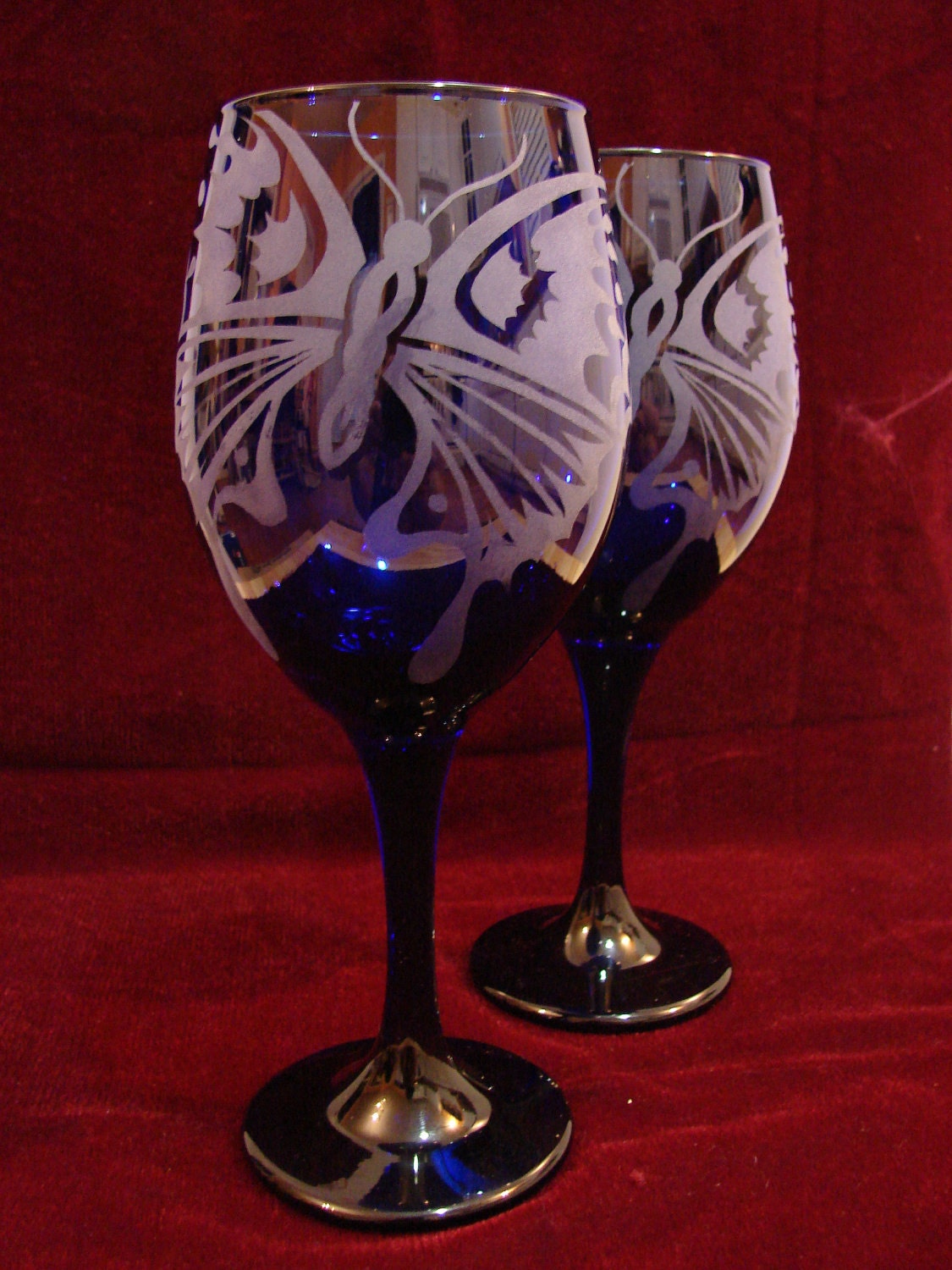 One of a Kind Butterflies Etched on Blue Glass