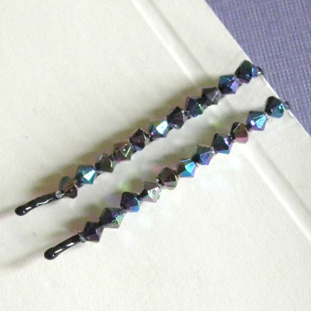 Handmade Hairpins - Black iridescent AB bicone beaded bobby pins