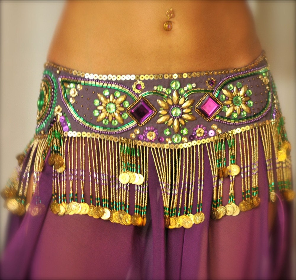 Perfectly Beautiful Belly Dance belt beaded sequined in purple green and gold