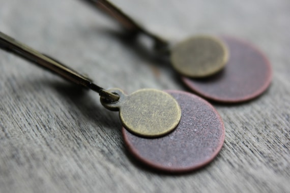 Small Circle Earrings Tags Antique Copper Brass Lever Backs Layered Discs Rounds Circles Tiny Delicate Dainty