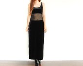 SALE - Vintage Black Velvet Maxi Dress with Sheer Mesh Cutout  Waist
