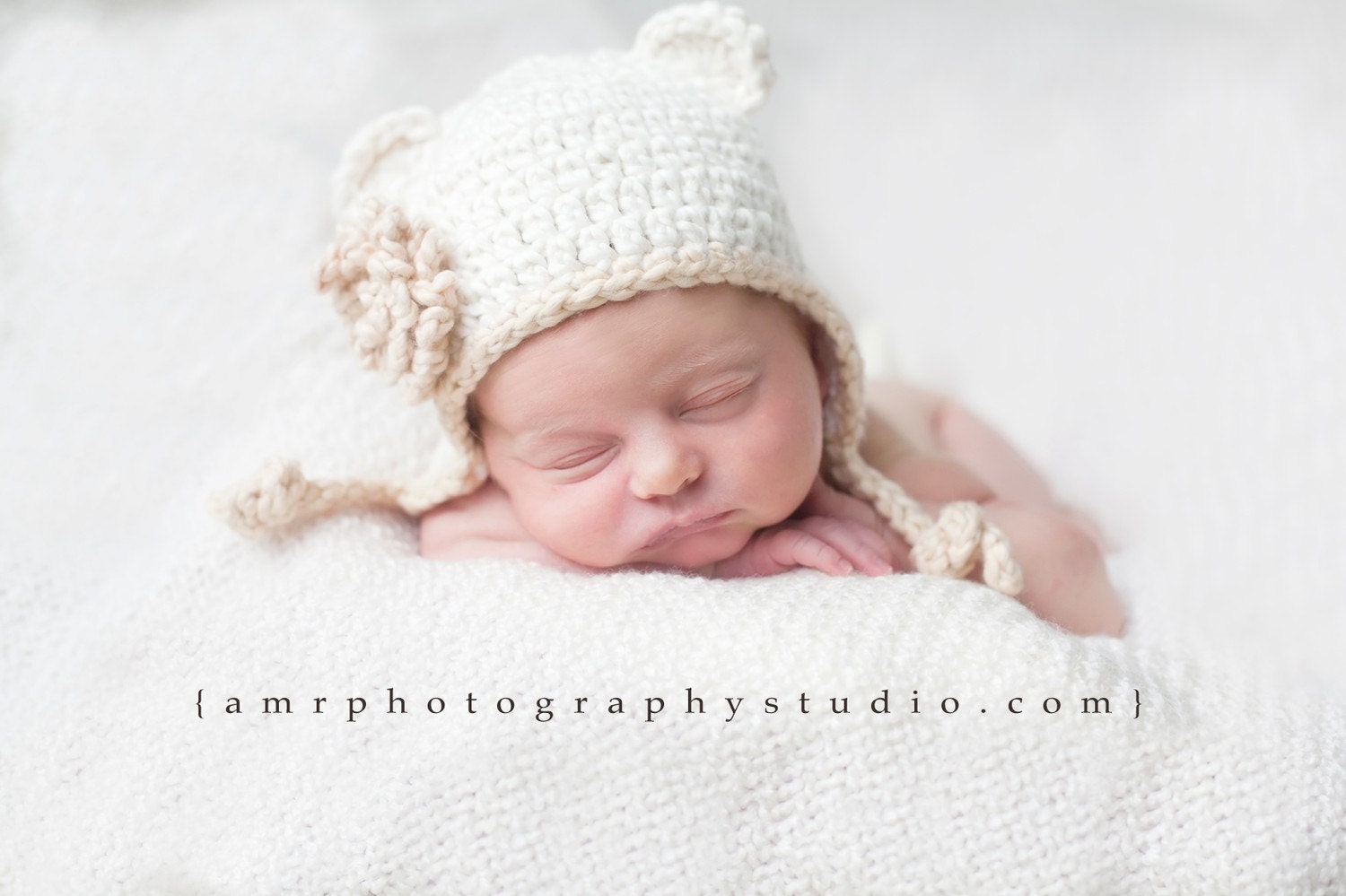 Newborn Organic Cotton Baby Hat with flower-Cream, Beige Earflap Beanie. Bear ears.