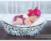 Newborn set Beanie Hat and Diaper Cover with pink bows - Pink,Orange, Blue and Violet. Wool.Photography prop