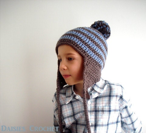Child Hat Earflap Beanie - Walnut with Dusty Blue stripes. Pom pom Organic cotton. Cristmas gift under 50