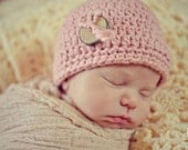 Preemie Newborn Organic Cotton Pink Beanie Hat with Natural Wooden Button. Photography  prop. You pick color.
