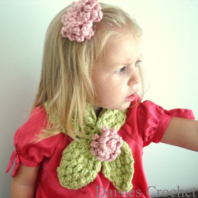 Crochet Girl Scarf Pink Brown Flower Organic. Neckwarmer Cowl