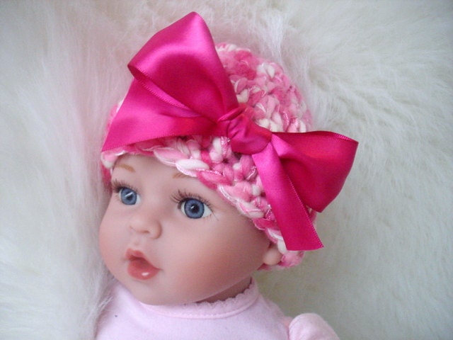 Newborn Beanie Hat with pink bow - Pink,Orange, Blue and Violet. Wool.Photography prop