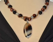 Faceted, Elegant  Black, Brown and White  Chunky Gemstone Sterling Silver Necklace