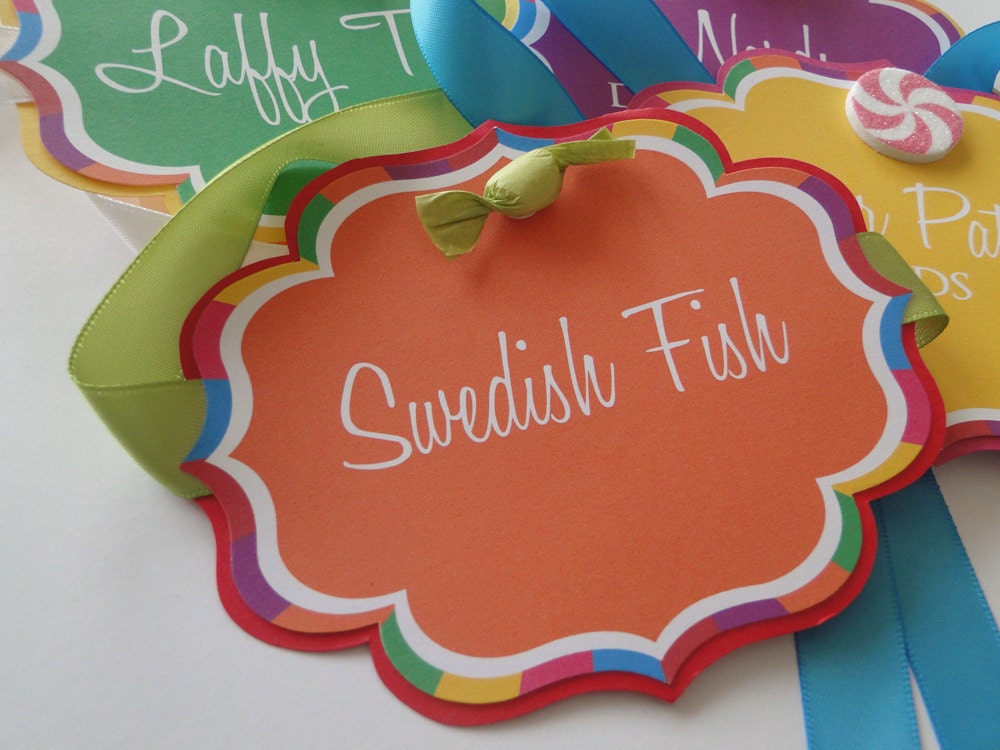 Custom Candy Buffet Labels in Colorful Candyland Design