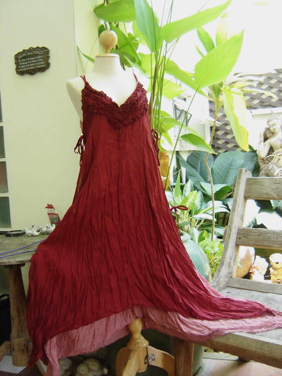 Double Layers Maxi Cotton Dress III - Red Wine