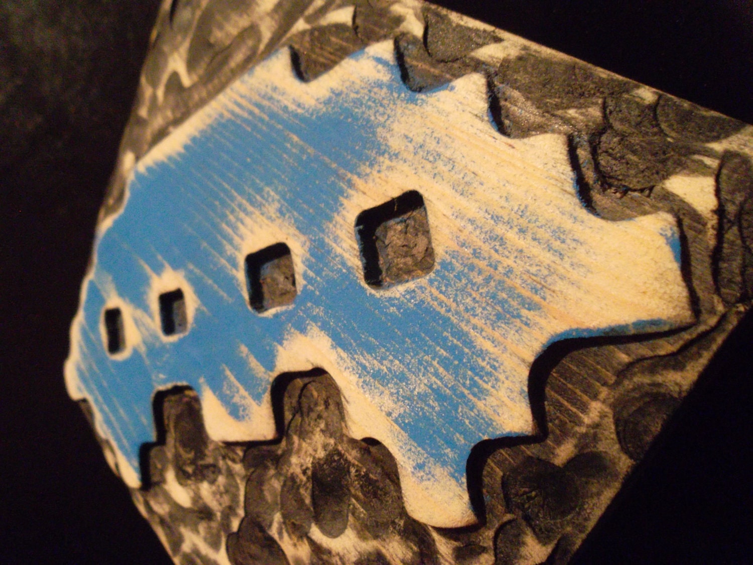 blue Space Invader wooden wall art