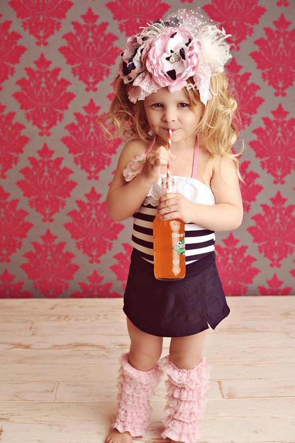 Nautical Pink and Navy Headband Swim Cap