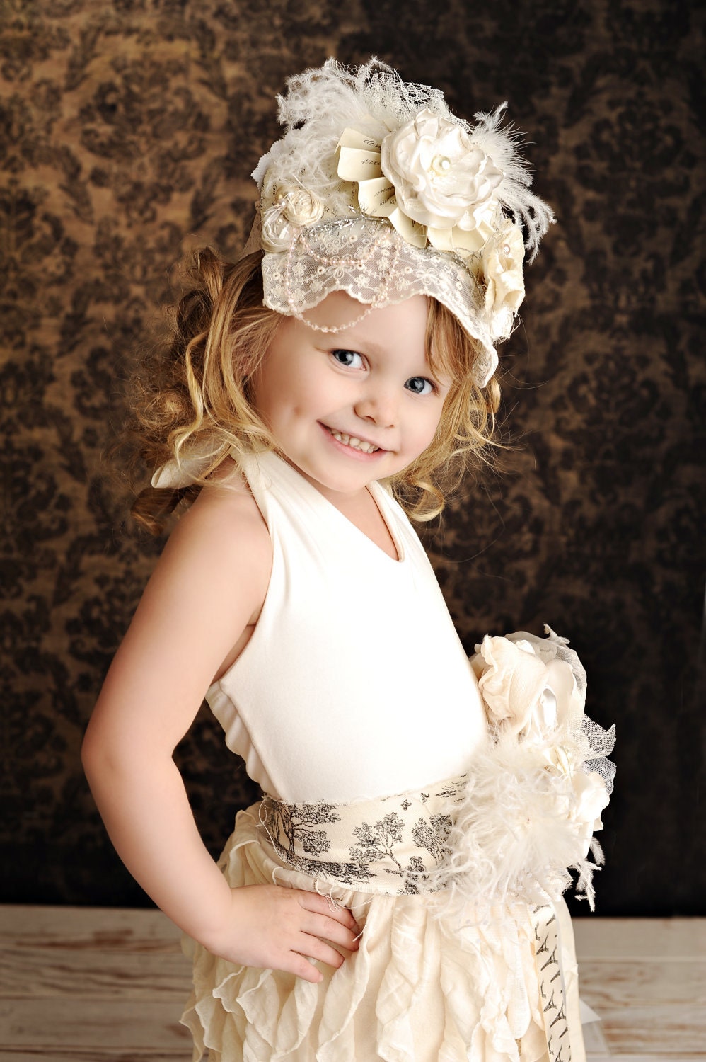 Ivory Lace Birthday Crown Bonnet with pearls flowers and pearls