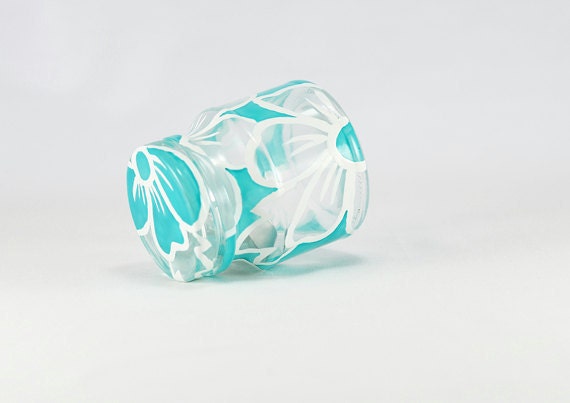 Hand Painted Glass Jar Candle Holder Lace white turquoise kitchen decor home decor Decorative Glass Art