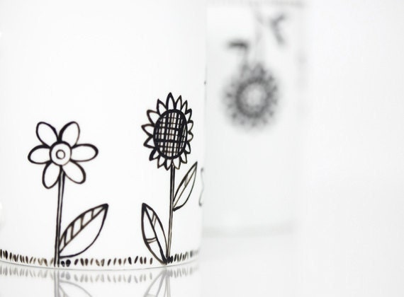 Hand Painted Ceramic Mugs White Porcelain Coffee Mugs Tea Mugs Black Minimalist Abstract Modern Flower Kitchen Decor - Set of 2 Ceramic Mugs