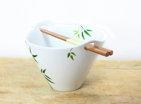 Hand Painted Ceramic Noodle Bowl With chopsticks green bamboo leaves botanical design modern minimalist white kitchen decor serving dish