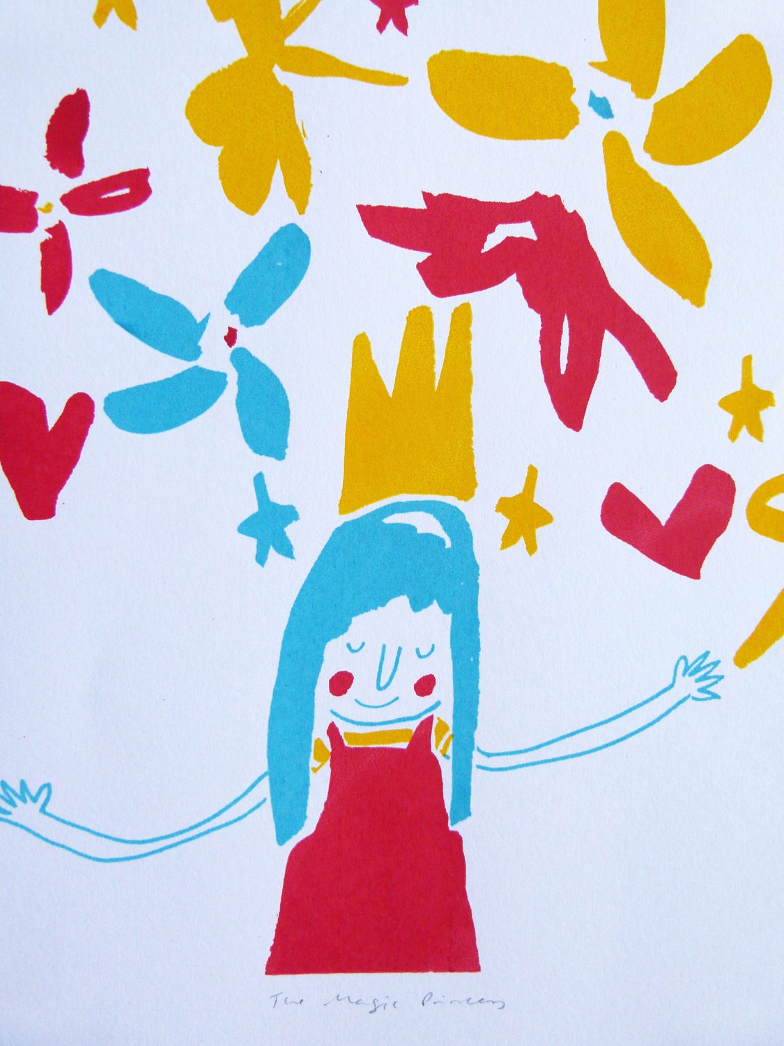 The Magic Princess. Limited edition screen print of a little princess surrounded by stars, flowers and hearts wearing a crown.