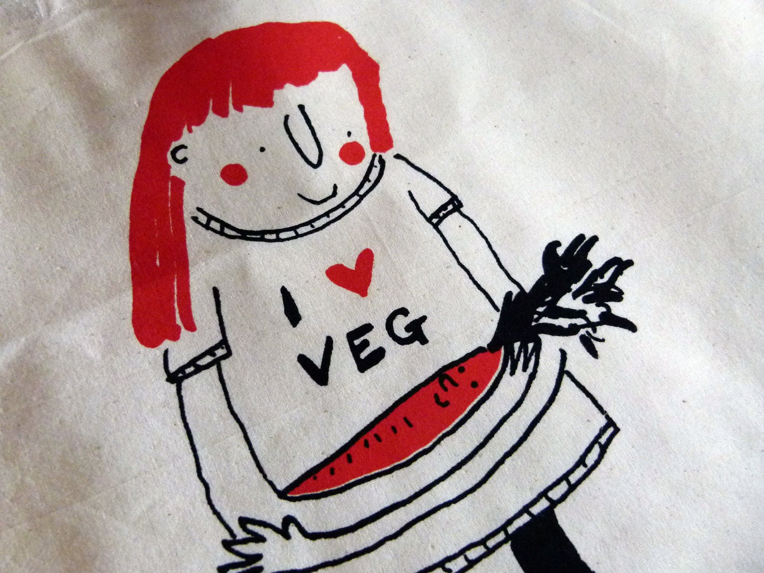 I love vegetables tote bag, vegetarian gift, orange and black Hand screen printed 2 colour tote bag featuring my illustration 'Carrot Top'